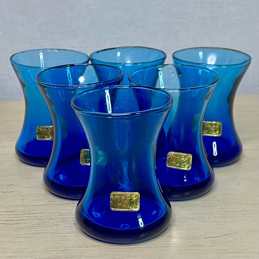 4 Cobalt Blue MCM Czech Bohemian Geometric Shot Glasses Made In Italy